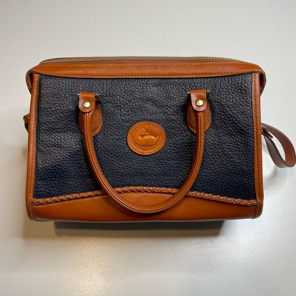 Vintage Dooney & Bourke All-Weather Leather Brown Blue Pebble Satchel Strap Bag